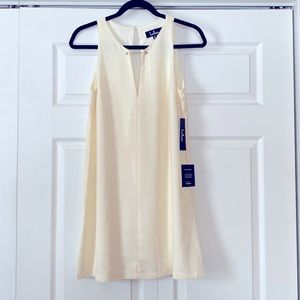 NWT Lulu’s lined deep-V sleeveless shift dress, cream, front gold detail, SZ XS